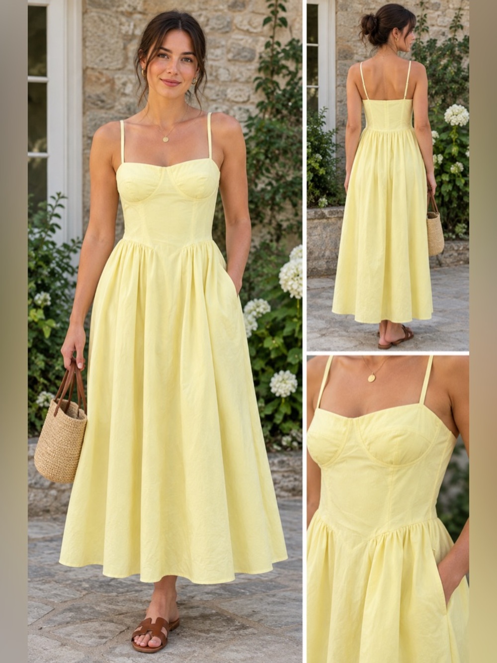 NWT Butter Yellow Basque Waist Midi Dress